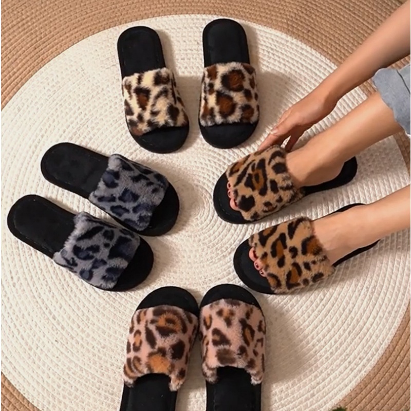 Winter Clothing Material - 2025, Winter warme, flauschige, pelzige Leoparden-Hausschuhe